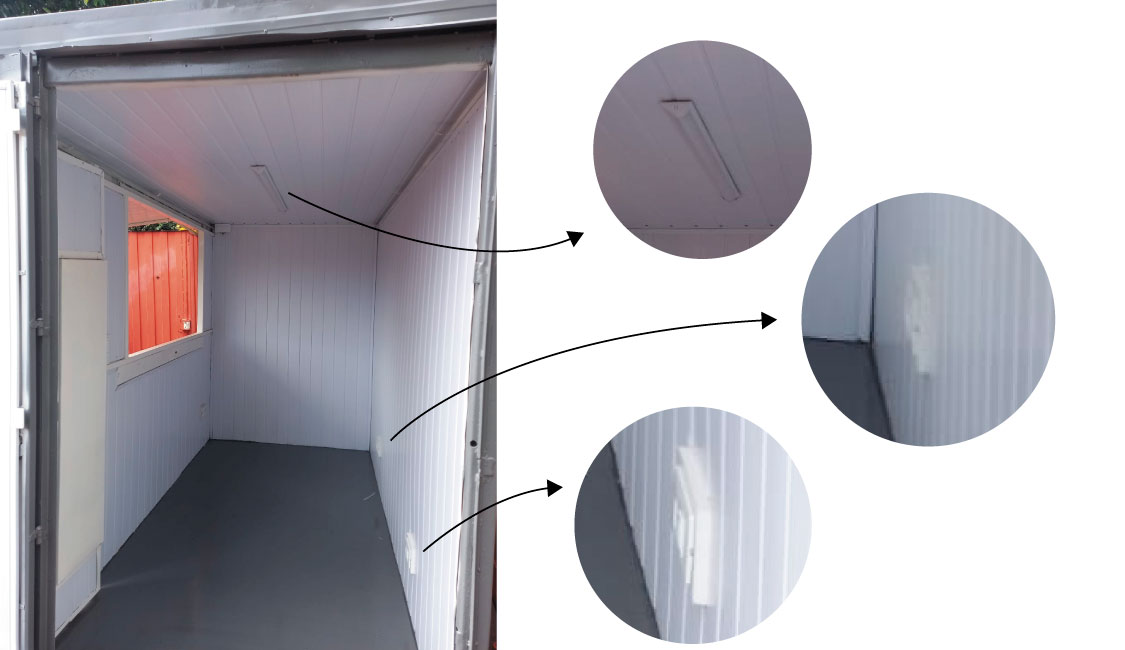 Tem iluminação, tomadas enfim instalação elétrica. Além de janela e tratamento térmicos (isolamento)